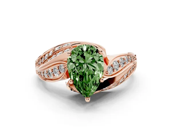 Fancy Green Pear Cut Diamond Solitaire Ring with Prong Setting and Twisted Pavé Band Rose gold