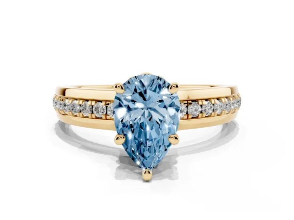 Fancy Blue Pear Cut Solitaire Diamond Ring with Channel Set Band and Six-Prong Setting Yellow gold