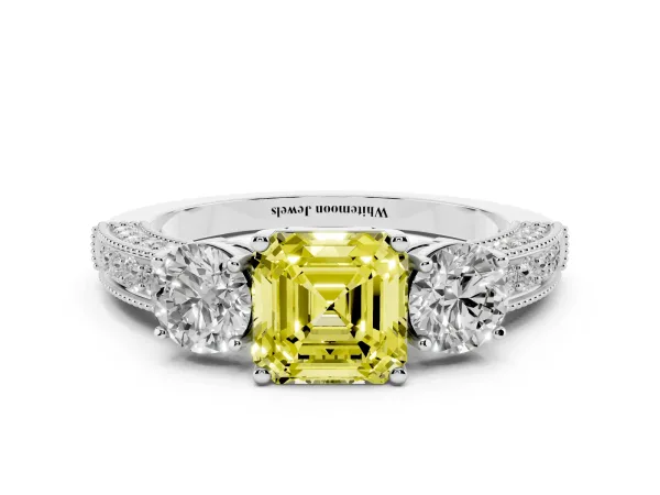 Fancy Yellow Asscher Cut Three-Stone Diamond Ring with Pavé Band and Four-Prong Setting Platinum
