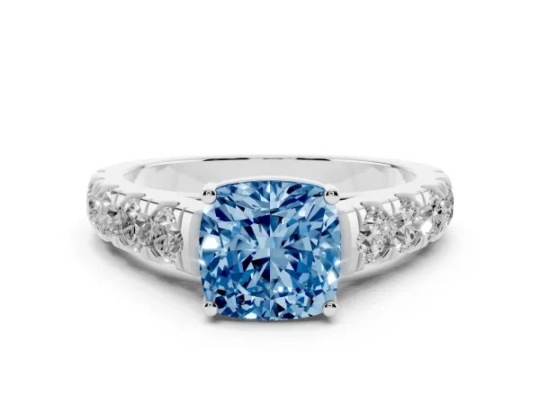 Fancy Blue Cushion Cut Cut Diamond Solitaire Ring with Micro Pave Band and Prong Setting Platinum