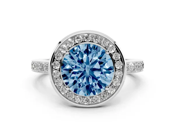 Fancy Blue Round Cut Diamond Halo Ring with Bezel Frame and Pavé Band Platinum