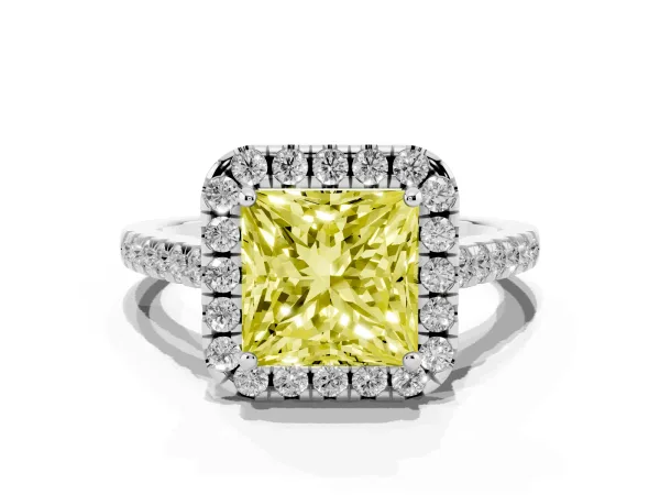 Fancy Yellow Princess Cut Halo Pave Diamond Engagement Ring with Four-Prong Setting White gold