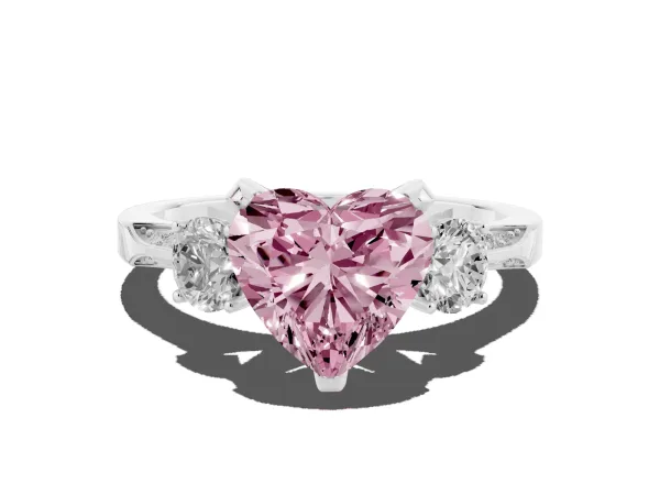 Fancy Pink Heart Cut Brilliant Three-Stone Diamond Ring with Pavé Band and Four-Prong Setting White gold