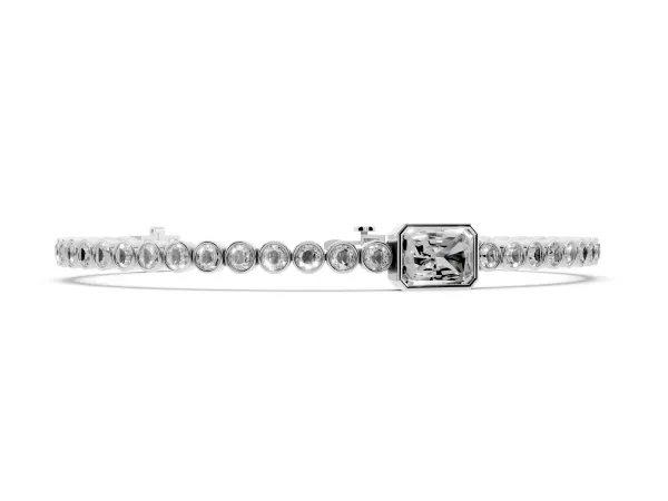 Bezel-Set Round Diamond Tennis Bracelet with Radiant Center Diamond Silver