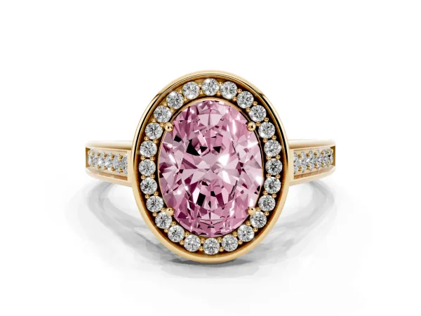 Fancy Pink Oval Cut Halo Solitaire Diamond Ring with Pave Band and Bezel Setting Yellow gold