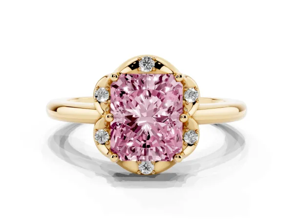 Fancy Pink Radiant Cut Halo Diamond Ring with Round Cluster Setting, Solitaire Band, and Four-Prong Setting Yellow gold