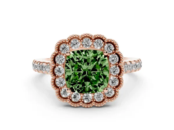Fancy Green Cushion Cut Cut Diamond Milgrain Floral Halo Engagement Ring with Pavé Band Rose gold