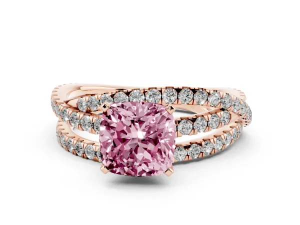 Fancy Pink Cushion Cut Solitaire Twist Band with Pavé Setting and Four-Prong Setting Rose gold
