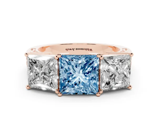 Fancy Blue Princess Cut Diamond Three-Stone Ring with Prong Setting and Textured Band Rose gold