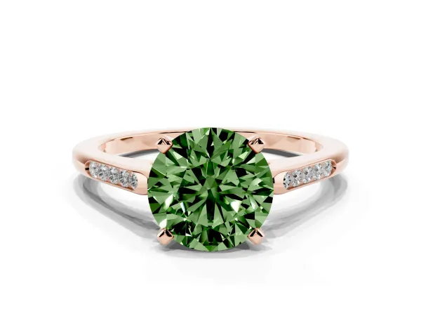 Fancy Green Round Cut Diamond Solitaire Ring with Channel Set Round Band and Prong Setting Rose gold