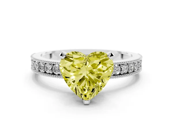 Fancy Yellow Heart Cut Diamond Milgrain Pavé Engagement Ring with Four-Prong Setting White gold