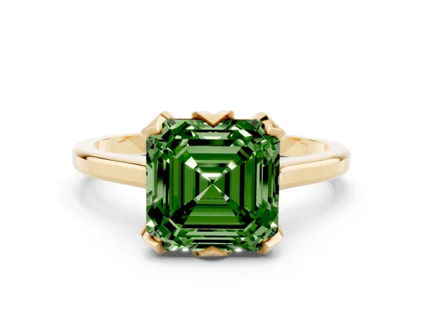 Fancy Green Asscher Cut Diamond Solitaire Ring with Flower Prong Setting and Classic Band Yellow gold
