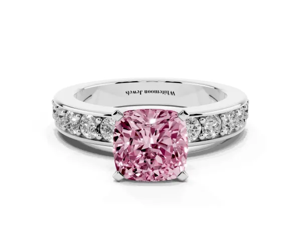 Fancy Pink Cushion Cut Diamond Engagement Ring with Channel Set Round Band and Prong Setting White gold