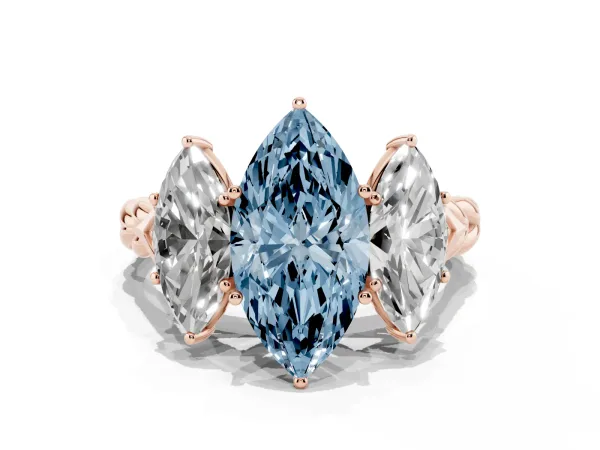 Fancy Blue Three-Stone Marquise Cut Diamond Braided Band Ring with Four-Prong Setting Rose gold
