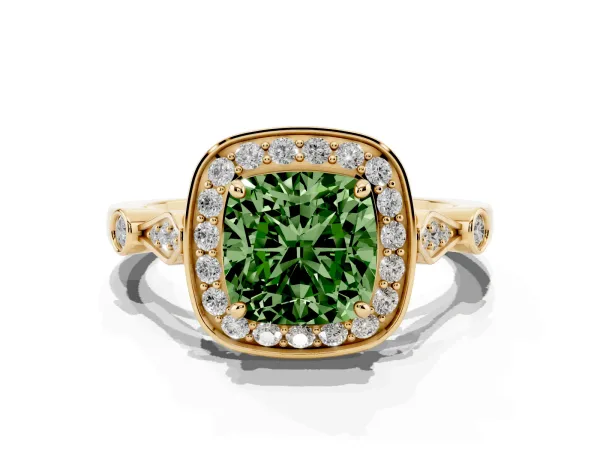 Fancy Green Cushion Cut Halo Diamond Engagement Ring with Twisted Band and Four-Prong Setting Yellow gold