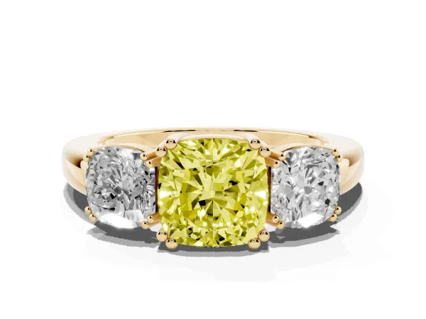 Fancy Yellow Three-Stone Cushion Cut Cut Diamond Ring with Channel Set Band and Four-Prong Setting Yellow gold