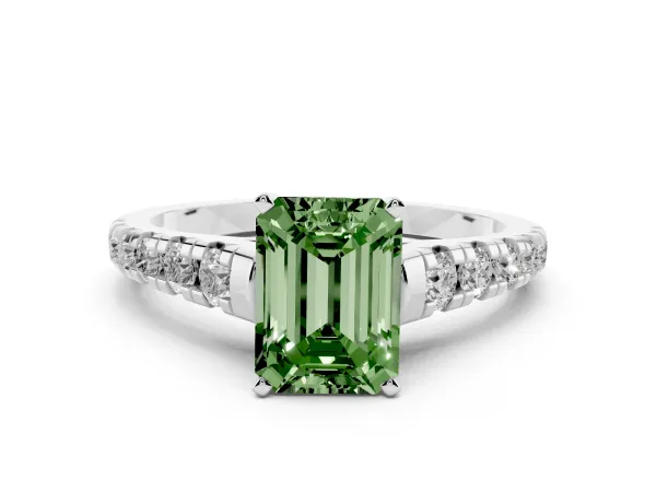 Fancy Green Emerald Cut Diamond Cathedral Solitaire Ring with Round Pavé Band White gold
