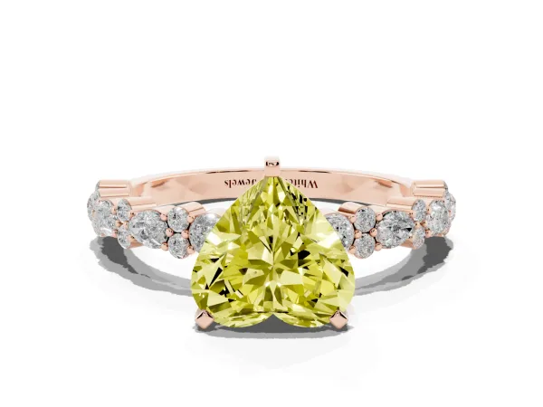 Fancy Yellow Heart Cut Diamond Side Stone Solitaire Ring with Round and Four-Prong Setting Rose gold