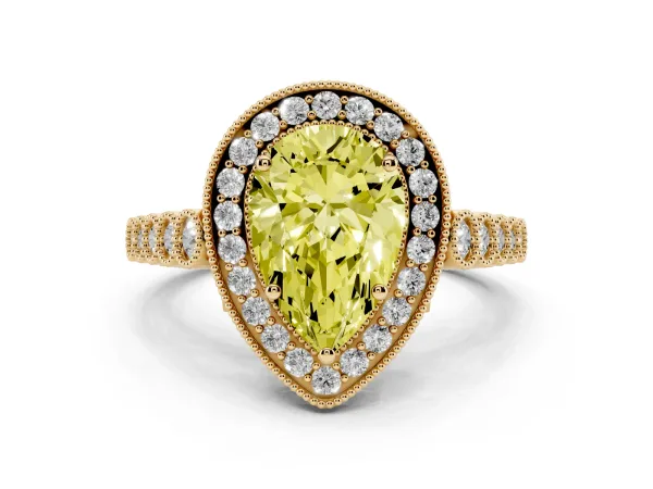 Fancy Yellow Pear Cut Halo Milgrain Solitaire with Bezel Set Side Stones and Pave Band Yellow gold