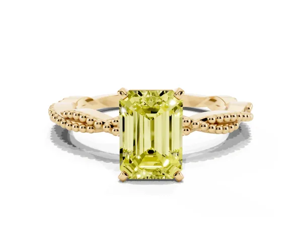 Fancy Yellow Emerald Cut Solitaire Twisted Band with Bead Prong Setting Yellow gold