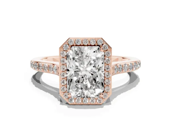 Radiant Cut Diamond Halo Engagement Ring with Round Pavé Shoulders and Prong Setting Rose gold