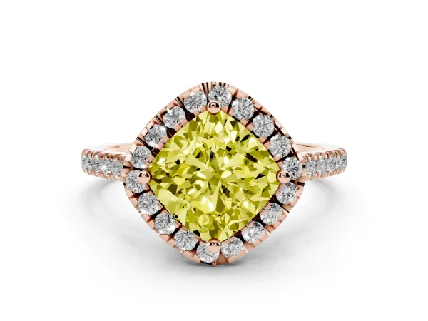Fancy Yellow Cushion Cut Diamond Cushion Halo Ring with Pavé Band Rose gold