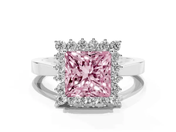 Fancy Pink Princess Cut Cut Diamond Halo Ring with Round Brilliant Halo and Solitaire Band White gold