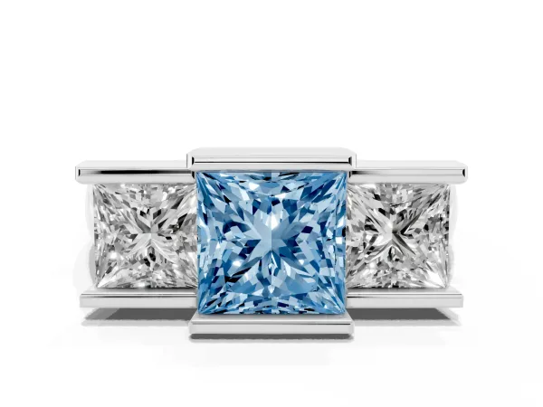 Fancy Blue Three Stone Princess Cut Cut Channel Set Diamond Ring Platinum