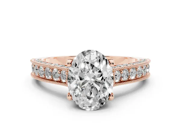 Oval Cut Cut Diamond Solitaire Ring with Milgrain Pave Band and Four Prong Setting Rose gold