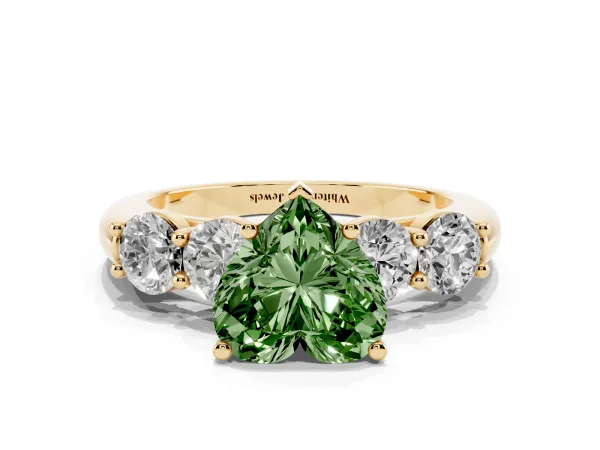 Fancy Green Heart Cut Cut Five-Stone Prong Set Diamond Ring with Classic Band Yellow gold