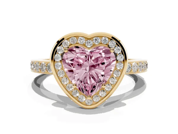 Fancy Pink Heart Cut Diamond Halo Ring with Bezel Frame and Pavé Band Yellow gold