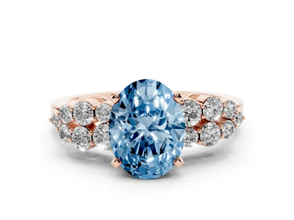 Fancy Blue Oval Cut Cluster Diamond Engagement Ring with Pavé Band and Four-Prong Setting Rose gold