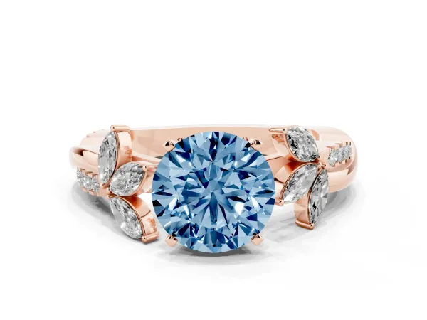 Fancy Blue Round Cut Diamond Floral Vine Solitaire Engagement Ring Rose gold