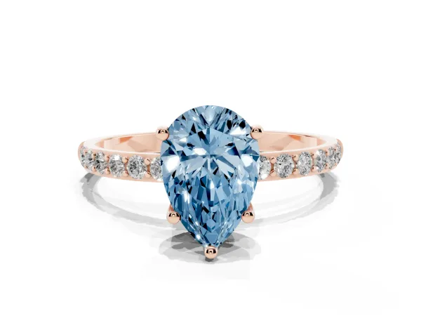 Fancy Blue Pear Cut Diamond Solitaire Ring with Round Pavé Shoulders and Prong Setting Rose gold