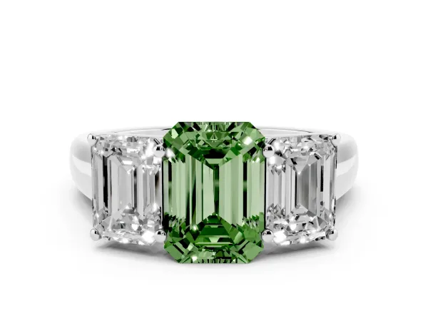 Fancy Green Emerald Cut Three-Stone Diamond Ring with Prong Setting on a Classic Band Platinum