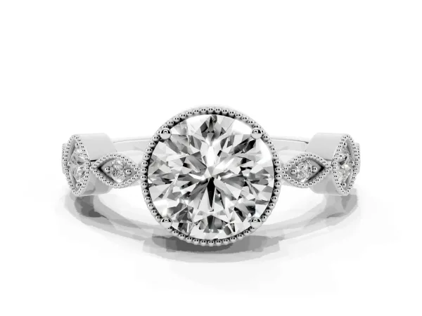 Round Cut Diamond Vintage Milgrain Ring with Round Stations White gold