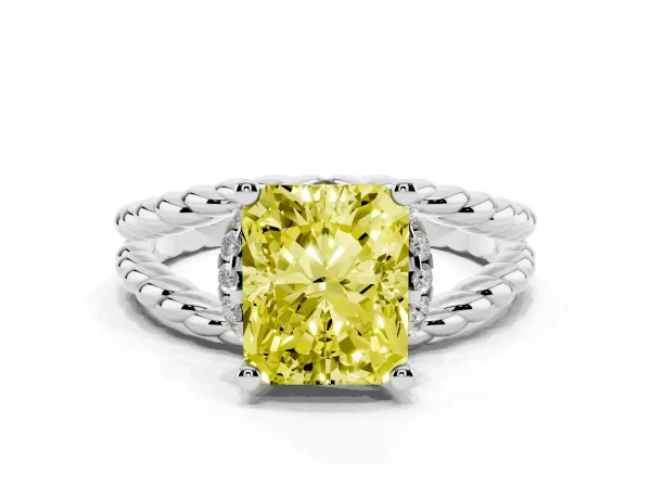 Fancy Yellow Radiant Cut Halo Twisted Band Four-Prong Ring White gold