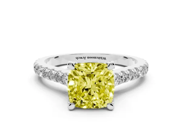 Fancy Yellow Cushion Cut Brilliant Diamond Solitaire with Pavé Band and Four-Prong Setting Platinum