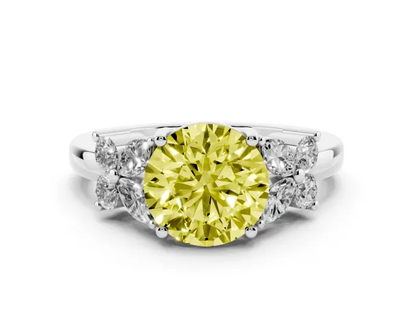 Fancy Yellow Round Cut Diamond Floral Cluster Ring with Solitaire Band and Prong Setting White gold