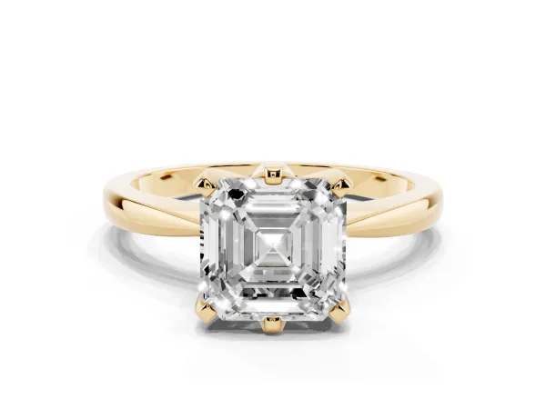 Asscher Cut Solitaire Engagement Ring with Six-Prong Setting and Tapered Band Yellow gold