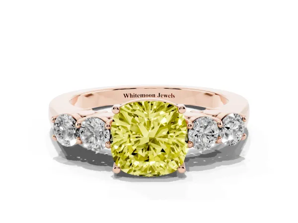Fancy Yellow Cushion Cut Cut Diamond Five-Stone Prong Set White Gold Ring Rose gold