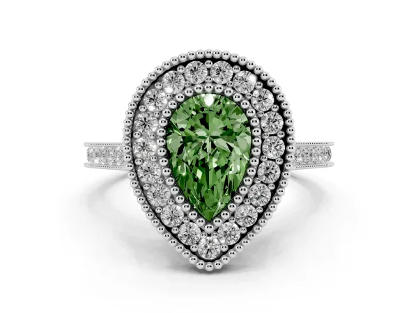 Fancy Green Pear Cut Diamond Halo Ring with Milgrain Frame and Pavé Band Platinum