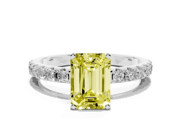 Fancy Yellow Emerald Cut Diamond Solitaire Pavé Band with Four-Prong Setting White gold