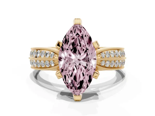 Fancy Pink Marquise Cut Diamond Solitaire Ring with Milgrain Round Pavé Band and Prong Setting Yellow gold