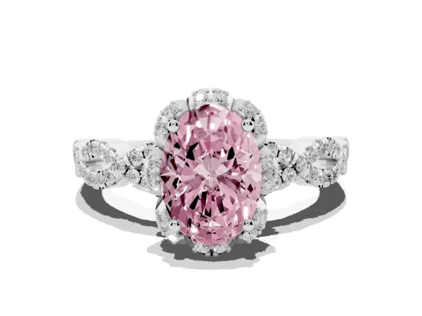 Fancy Pink Oval Cut Halo Twist Band Solitaire Ring with Six-Prong Setting White gold