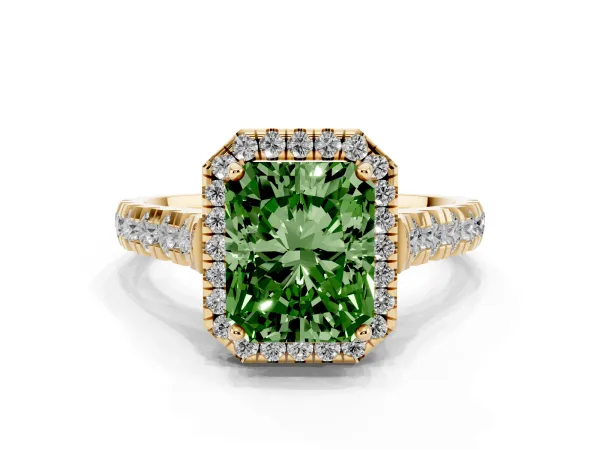 Fancy Green Radiant Cut Halo Pavé Diamond Engagement Ring with Four-Prong Setting Yellow gold