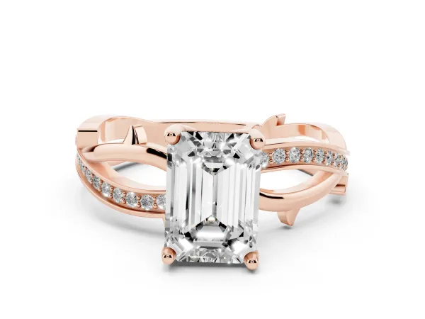 Emerald Cut Solitaire Twist Band with Pavé Accents and Four-Prong Setting Rose gold