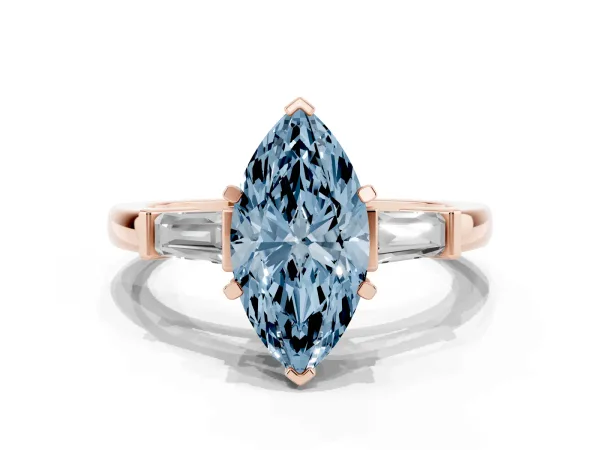 Fancy Blue Marquise Cut Cut Diamond Solitaire Ring with Tapered Baguette Accents and Four-Prong Setting Rose gold