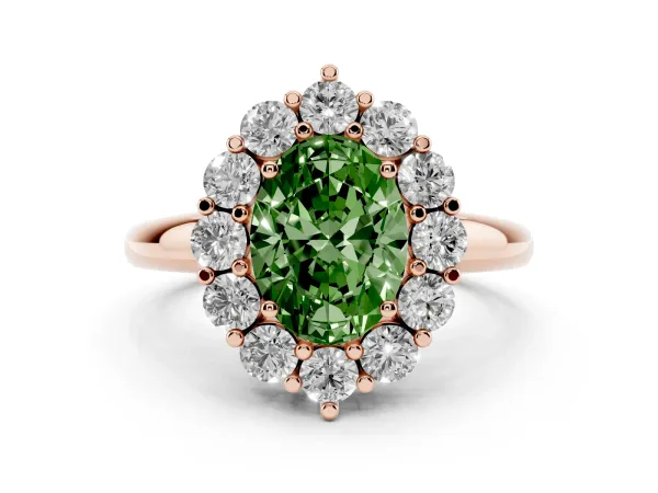 Fancy Green Oval Cut Halo Cluster Diamond Engagement Ring with Prong Setting and Polished Band Rose gold