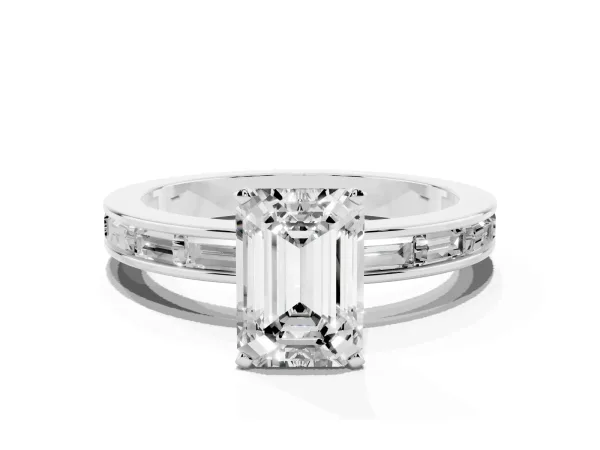 Emerald Cut Solitaire Diamond Ring with Channel-Set Baguette Band and Four-Prong Setting White gold